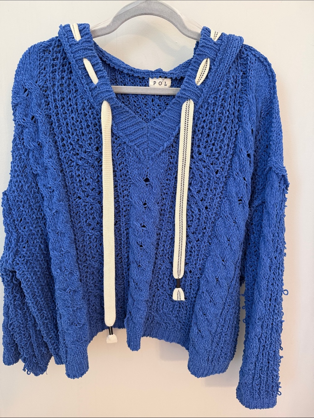 POL Blue Cable Knit V-Neck Hoodie Sweater with Cream Drawstrings
